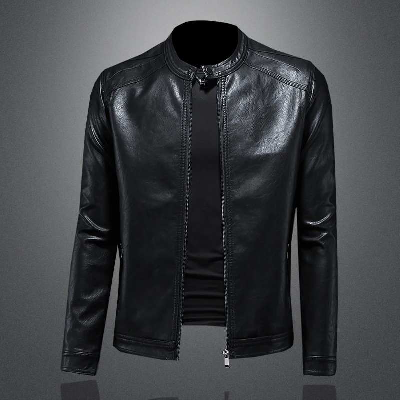 2024 autumn and winter new stand up collar leather jacket for men, windproof, waterproof, slim fit motorcycle leather jacket