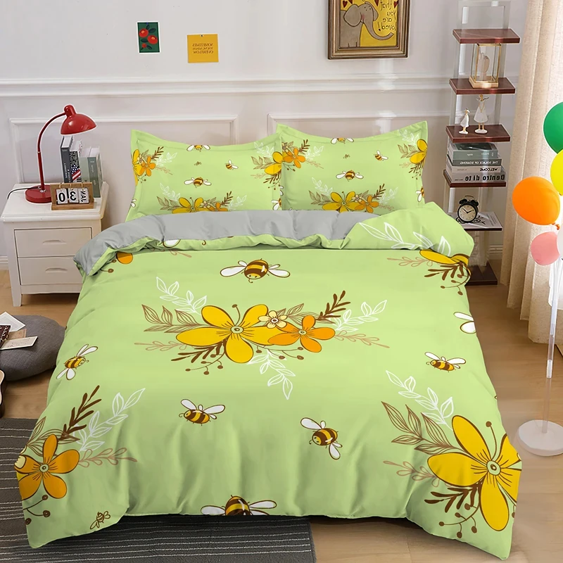 Cute Cartoon Bee Duvet Cover King Queen Full Sweet Honey Bedding Set For Boys Girl Spring Yellow Flying Insect Comforter Cover