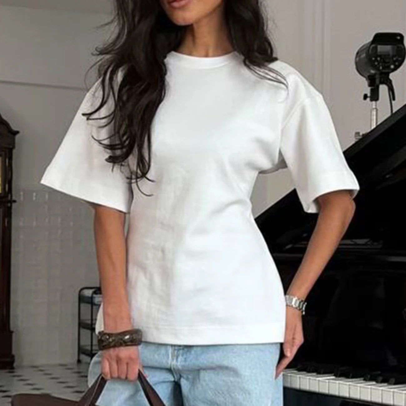 

WXOY New Women Cinched Waist Cotton T-Shirt Round Neck Short Sleeve Slim Fit Casual Flattering Top for Daily Office Streetwear