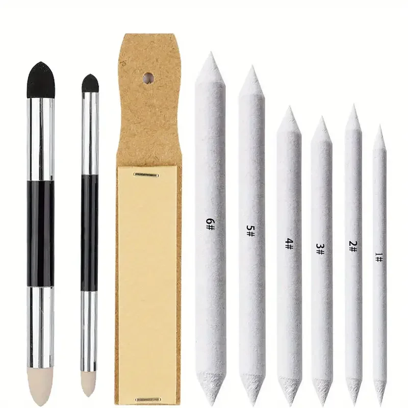 Sketching Art Blenders Set - 9pcs, Premium Quality White Paper Stumps, Reusable Sponge Pens, Sandpaper Sharpener for Artist Draw