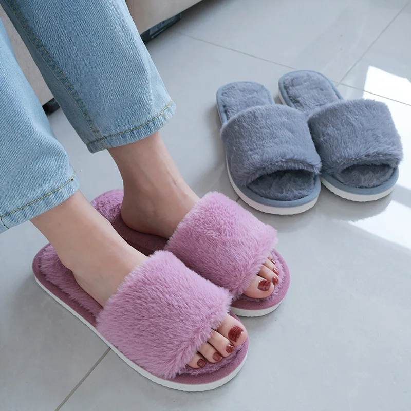 Women's Plus Size Winter House Slippers, White Leather Slide Sandals, Warm And Comfortable Plush Flats_voghion.com