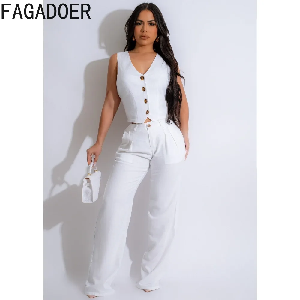 FAGADOER Elegant Lady Solid Color Office Wide Leg Pants Two Piece Sets Women V Neck Sleeveless Button Top And Pants Outfits 2024