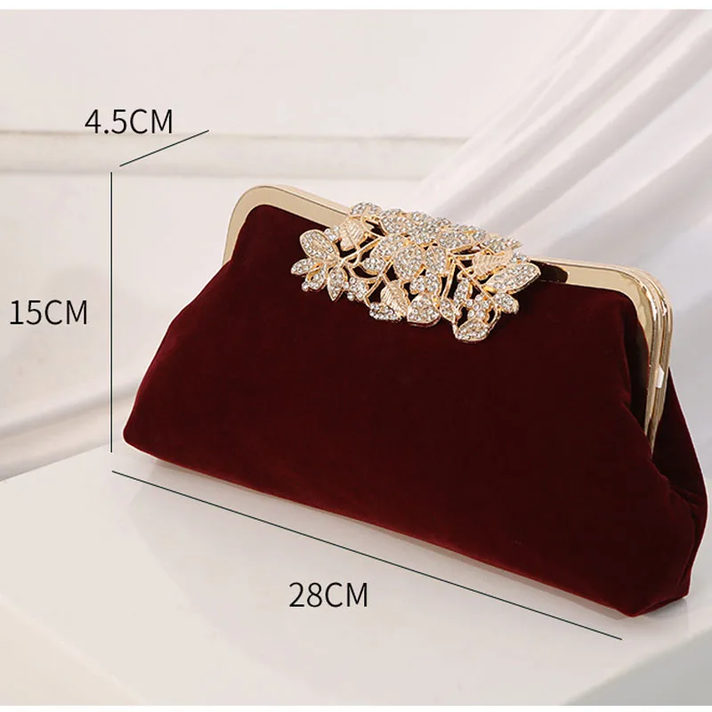 Vintage Wine Red Velvet Evening Bags For Women Fashion Luxury Rhinestone Buckle Clutches Chain Shoulder Bag Prom Party Handbags