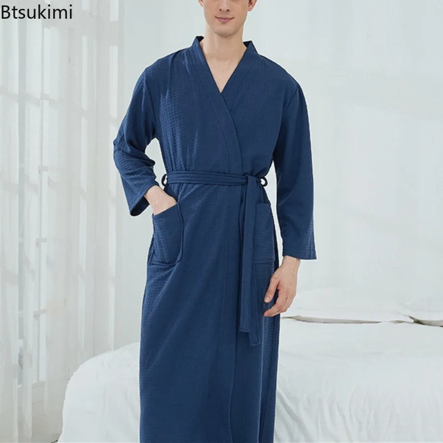 

New Men's Waffle High-Quality Robe Long Men and Women Universal Residence Clothing Bathrobe Solid Black Plaid Couple Nightgowns