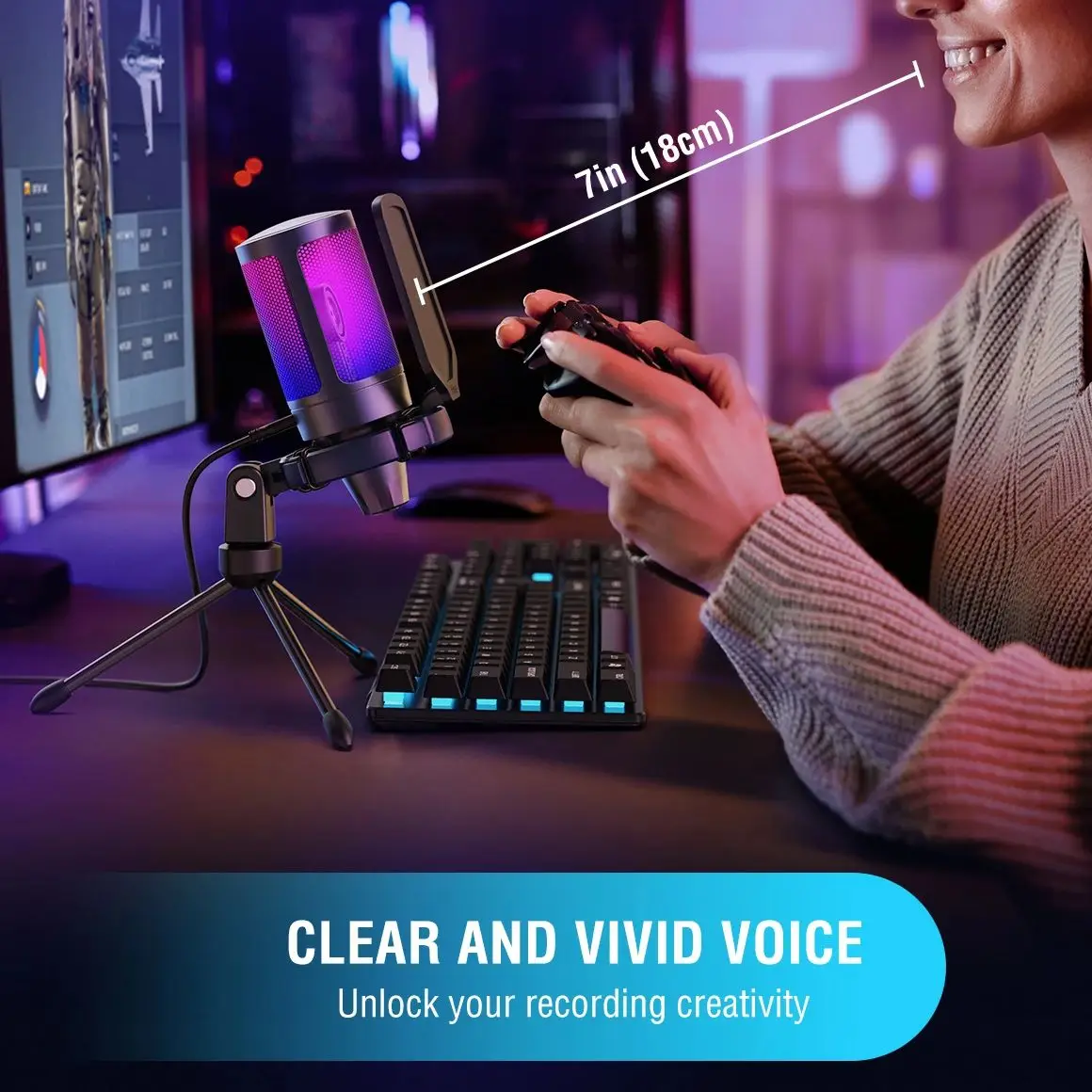 FIFINE USB Gaming พร้อมไมโครโฟนสำหรับ PC สำหรับ Streaming Podcasts,ampliGame RGB คอมพิวเตอร์คอนเดนเซอร์เดสก์ท็อปไมโครโฟนสำหรับสตูดิโอ/วิดีโอ-สีชมพู