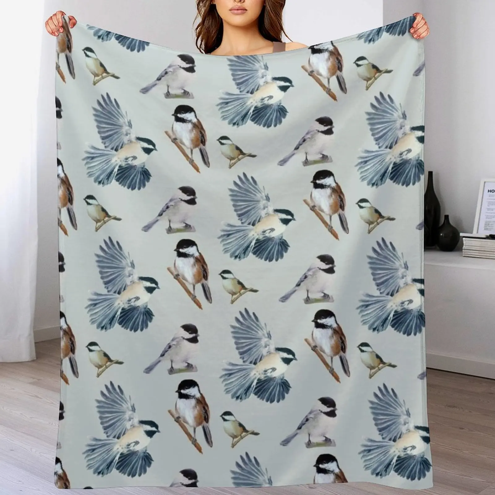 Chickadee Sticker set & pattern (mirrored) Throw Blanket Machine Washable Soft Warm Blanket