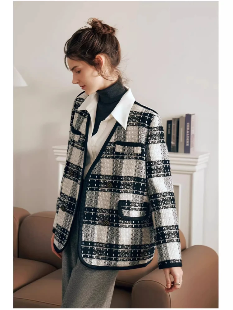 Jaket Wanita OLrain Blends 2025 Musim Gugur Terbaru Musim Dingin Mantel V-neck Elegan untuk Kerja Santai Longgar Motif Kotak-kotak Pakaian Luar Wanita G23DN65988
