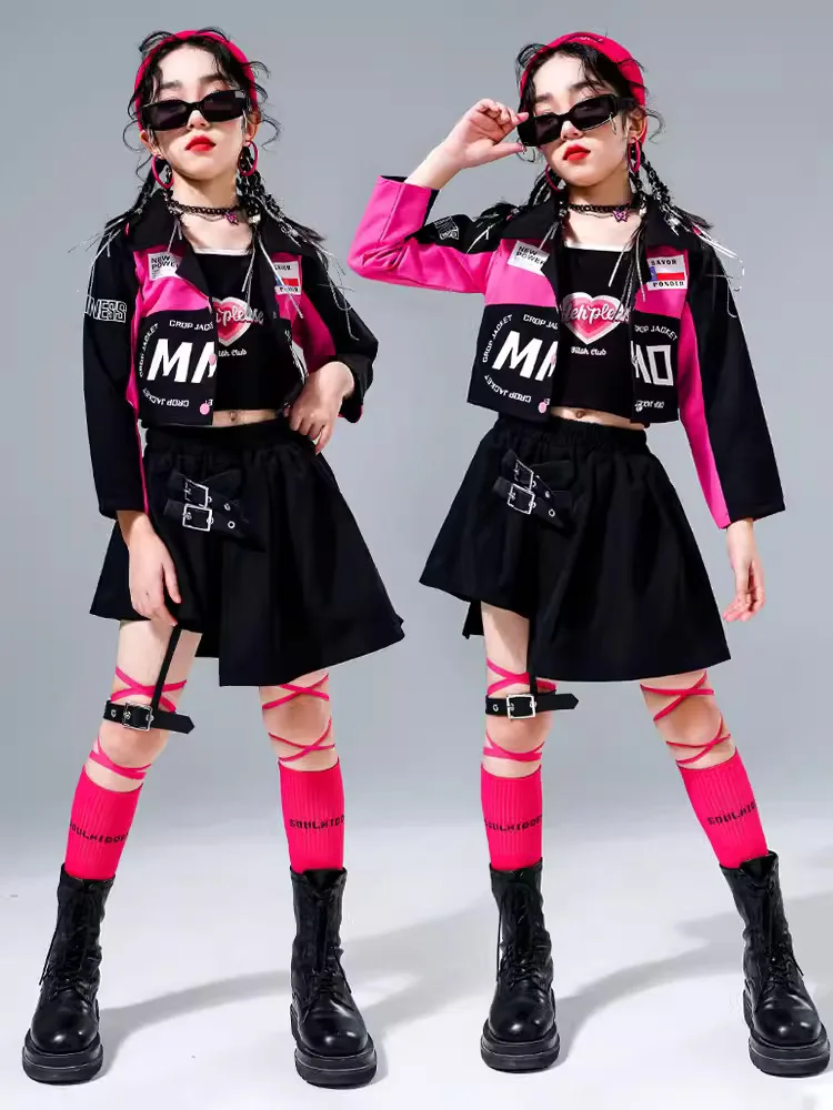 Kid Hip Hop Clothing Motorcycle Crop Shirt Jacket Tank Top Black Strap Pleat Skirt Mini for Girl Jazz Dance Costume Clothes Set