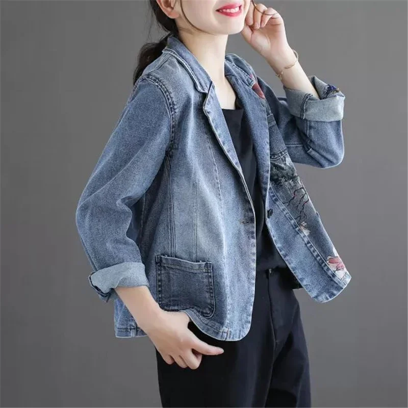 Vintage Print Suit Collar Denim Coat Women's Spring Autumn Slim Single Button Short Outwear Casual Female Jeans Jacket Tops