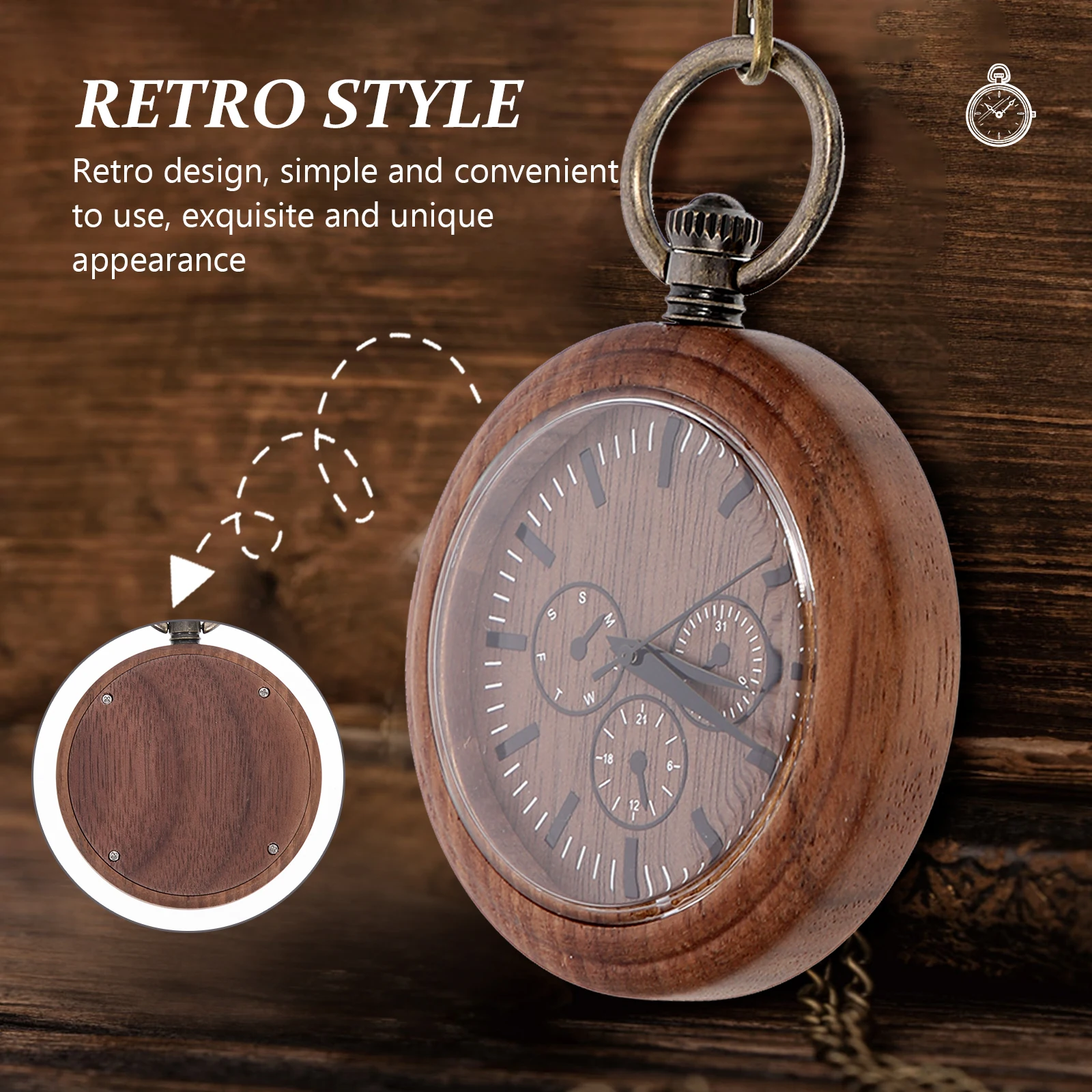 Wooden Pocket Watch Portable Vintage Chain Men Universal Stylish Glass Watches with