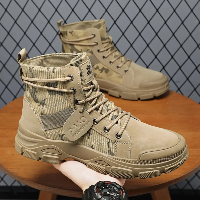 Camouflage Shoes for Men Fashion Lace Up Outdoor Male Booties New Ankle Boots for Men Spring Chunky Desert Ankle Boots