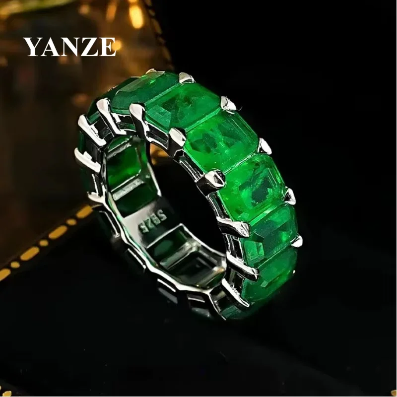 YANZE Elegant 925 Sterling Silver 5*7mm Rectangular Lab Emerald Paraiba Ring For Women Vintage Couple Jewelry Gifts