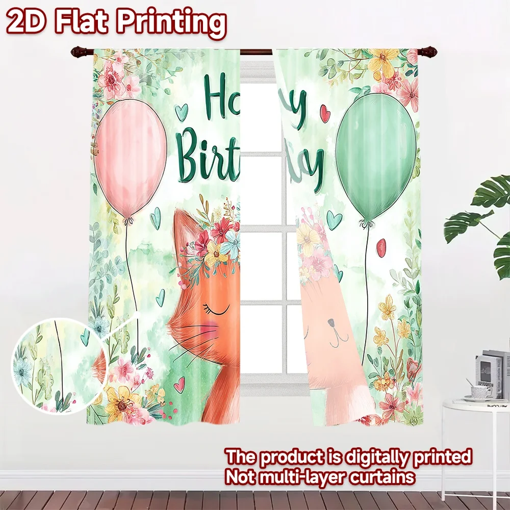 2D flat printing 2pcs Window Curtains Cute Cat Birthday Balloons Digital Printed Polyester Drapes Festive Holiday Perfect for
