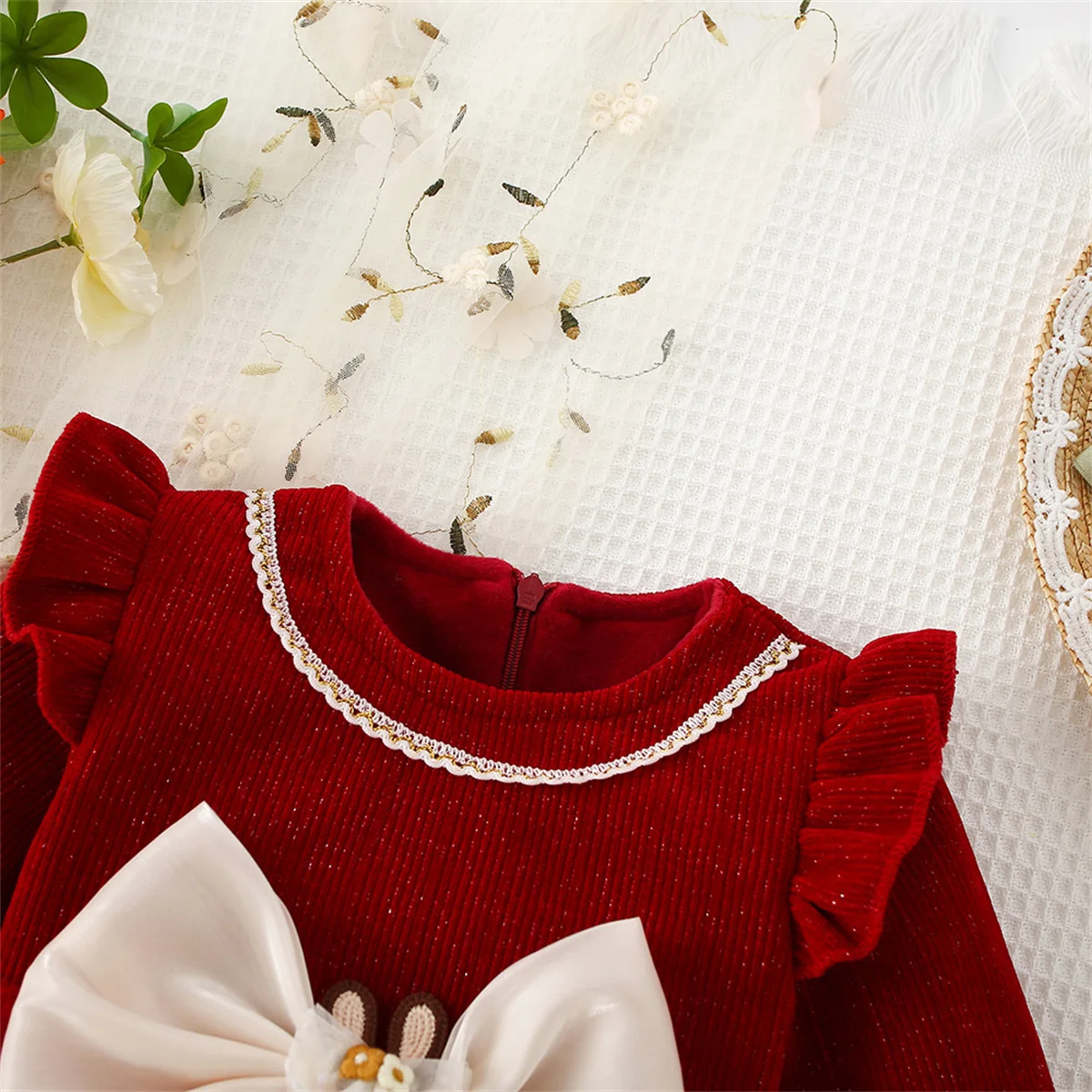 Autumn Girl Bow Long Sleeve Mesh Princess Dress With Lace Decoration Solid Round Neck Birthday Red Sweet Dress