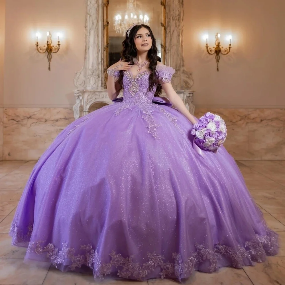 Abiti Quinceanera lilla Abito da ballo con spalle scoperte Applicazioni di perline Abiti messicani dolci 16 15 Anos personalizzati