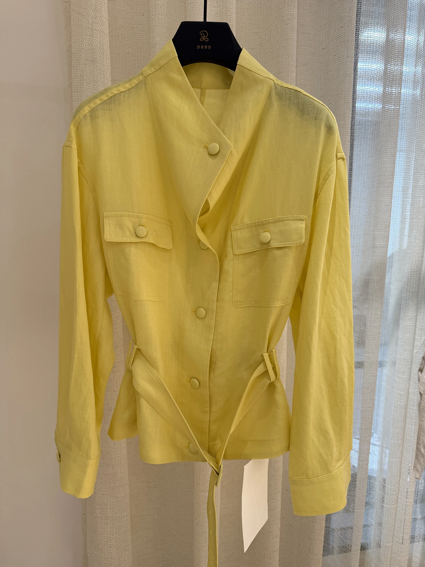 

Spring 2026 Women's Slim Fit Long Sleeve Stand Collar Linen Shirt Waist Cinched Fashionable Trendy Versatile Minimalist Style