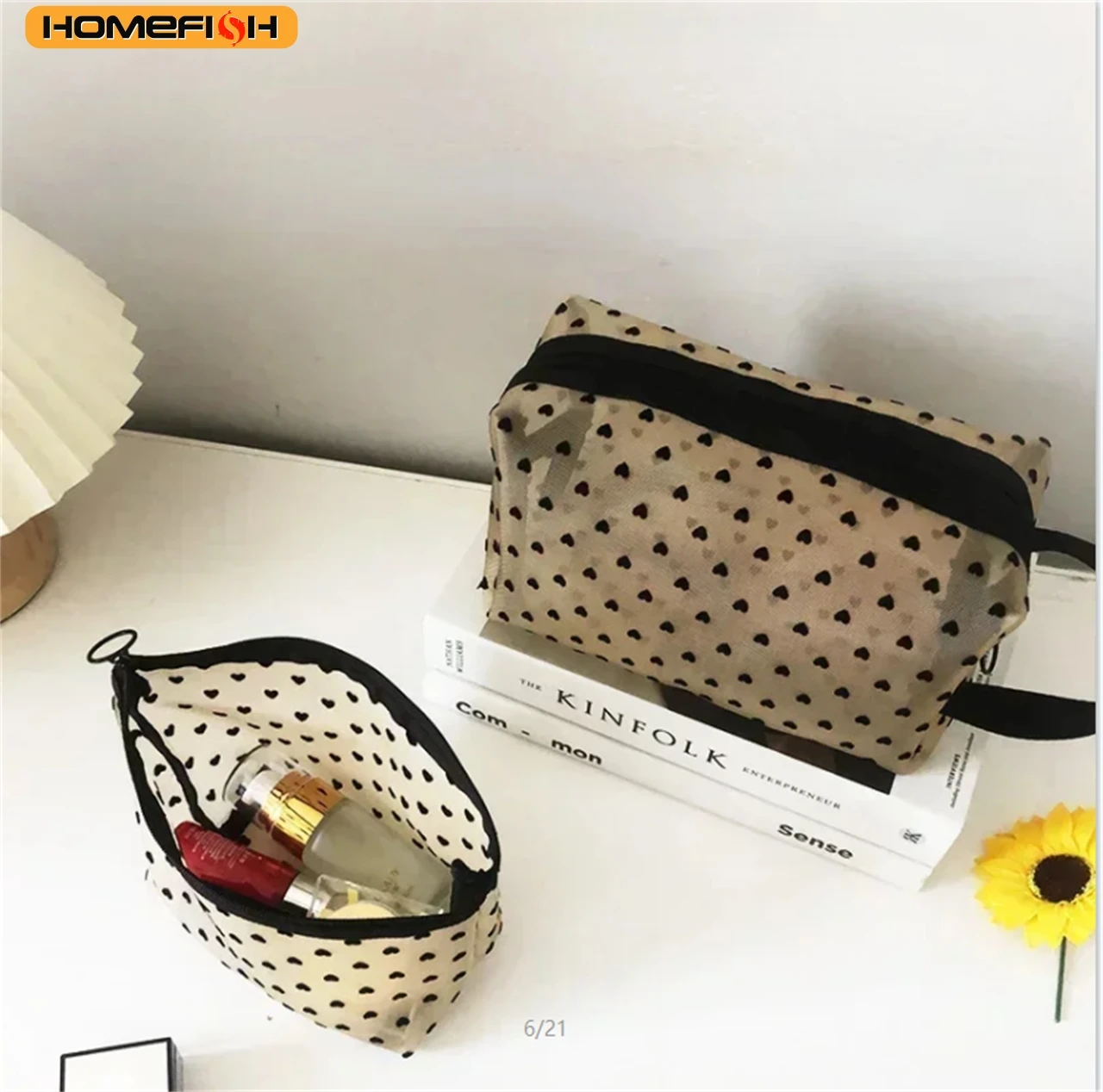 HOMEFISH Heart Pattern Transparent Mesh Cosmetic Bag, Portable Multifunctional Toiletry Pouch for Women Lipstick Storage