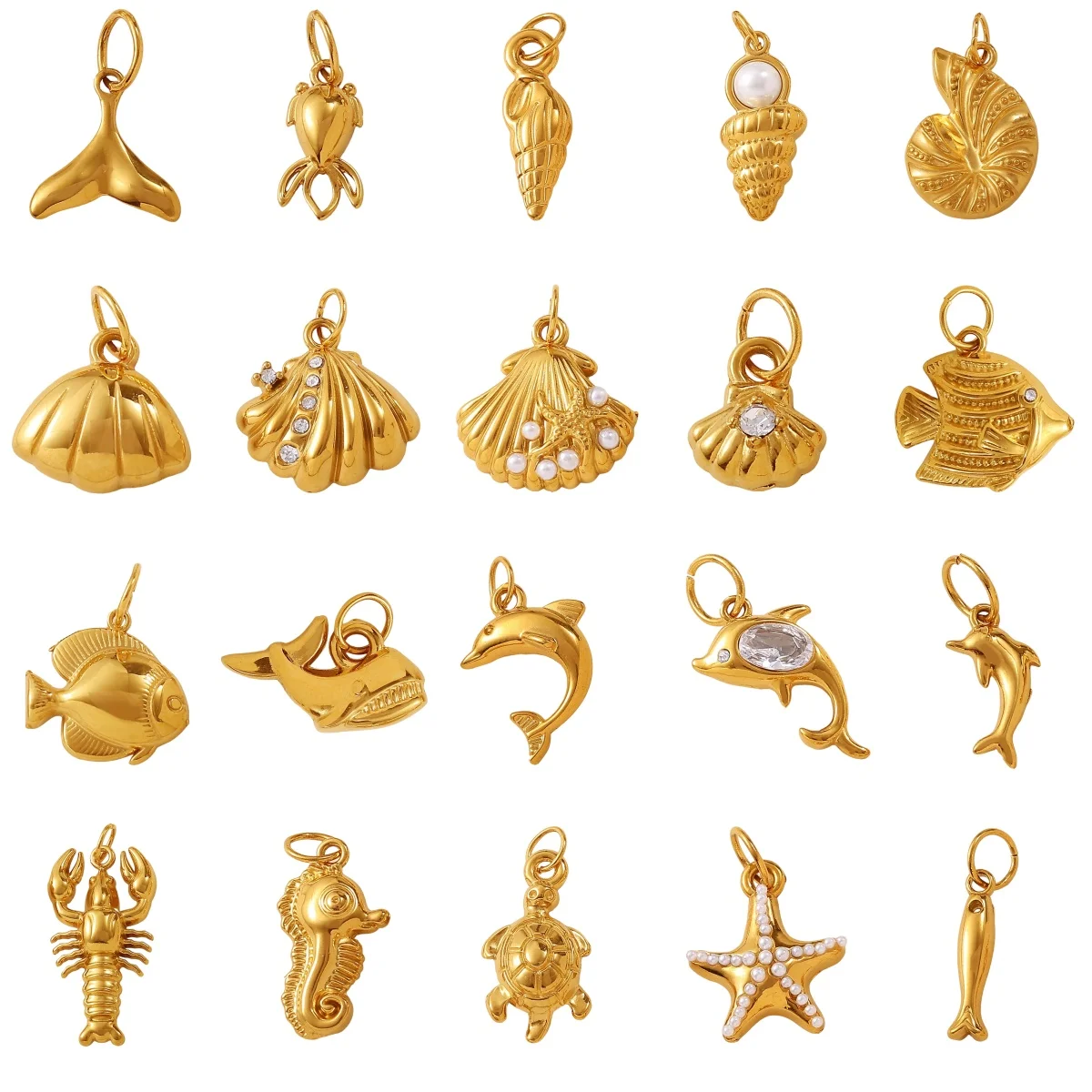 

3PCS Stainless Steel 18K Gold Marine Theme Pendant Set, 3D Polished Charms with Pearl Inlay for DIY Jewelry Making