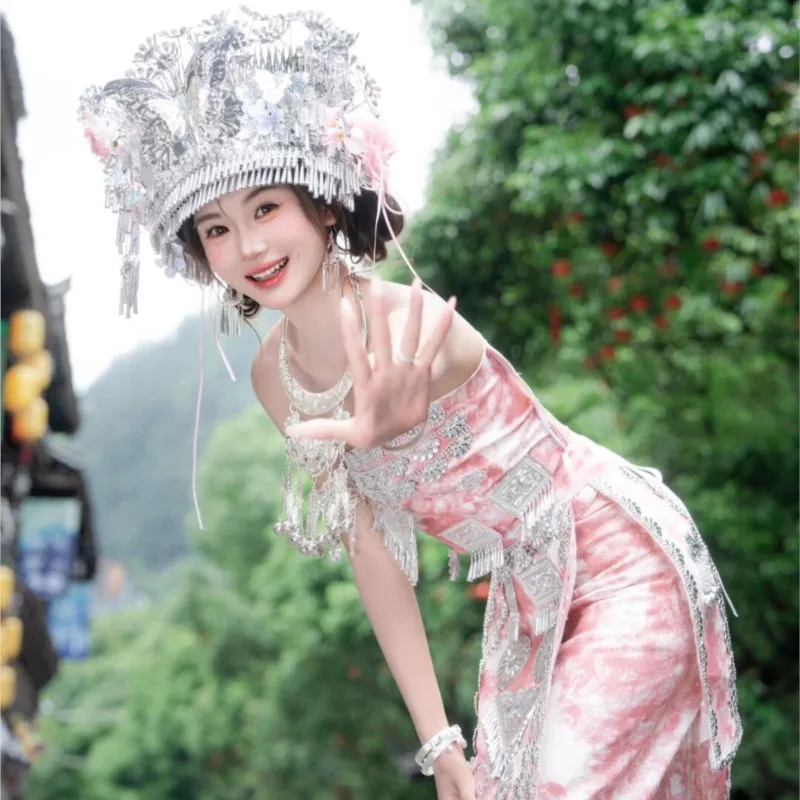 Women's pink tie-dyed ethnic costume style exotic travel photography