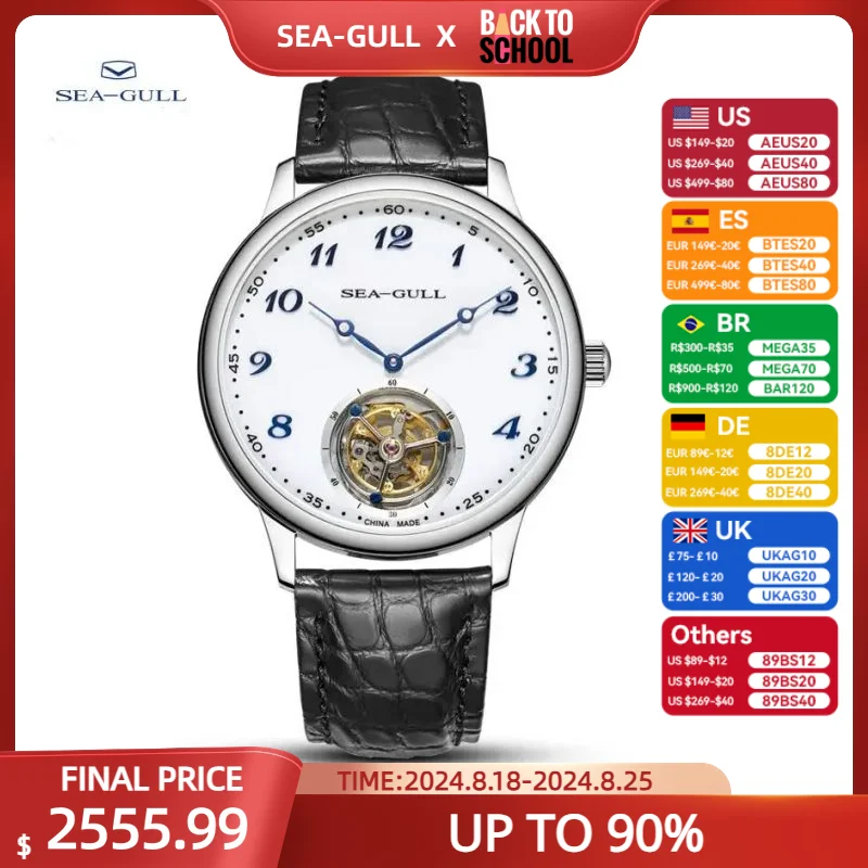 

Seagull Men's Watch Tourbillon Manual Mechanical Wristwatch Classic Casual Sapphire Alligator Leather Strap Heritage Series 8809