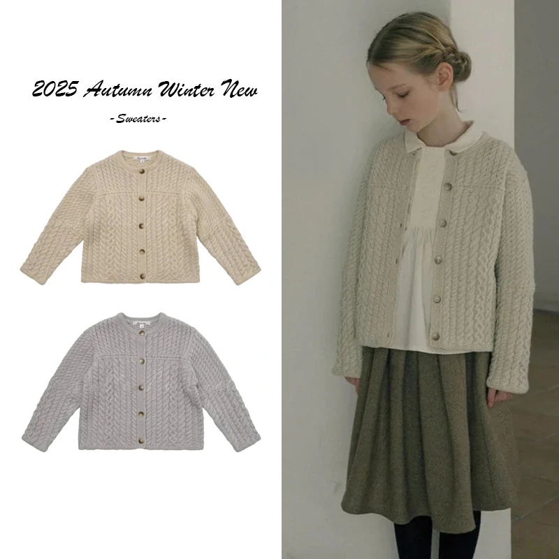 

2025 Autumn Winter Girls' New French Knitted Cardigan Girls' Long Sleeve Loose Sweater Pure Cotton Sweater Children's Clothing