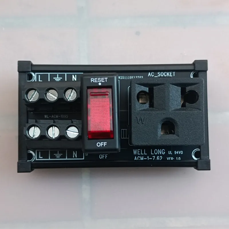 

DIN Rail Mount AC 125V Receptacles Outlet Power Strip Module, with Rocker Switch Thermal Circuit Breaker Overload Protector