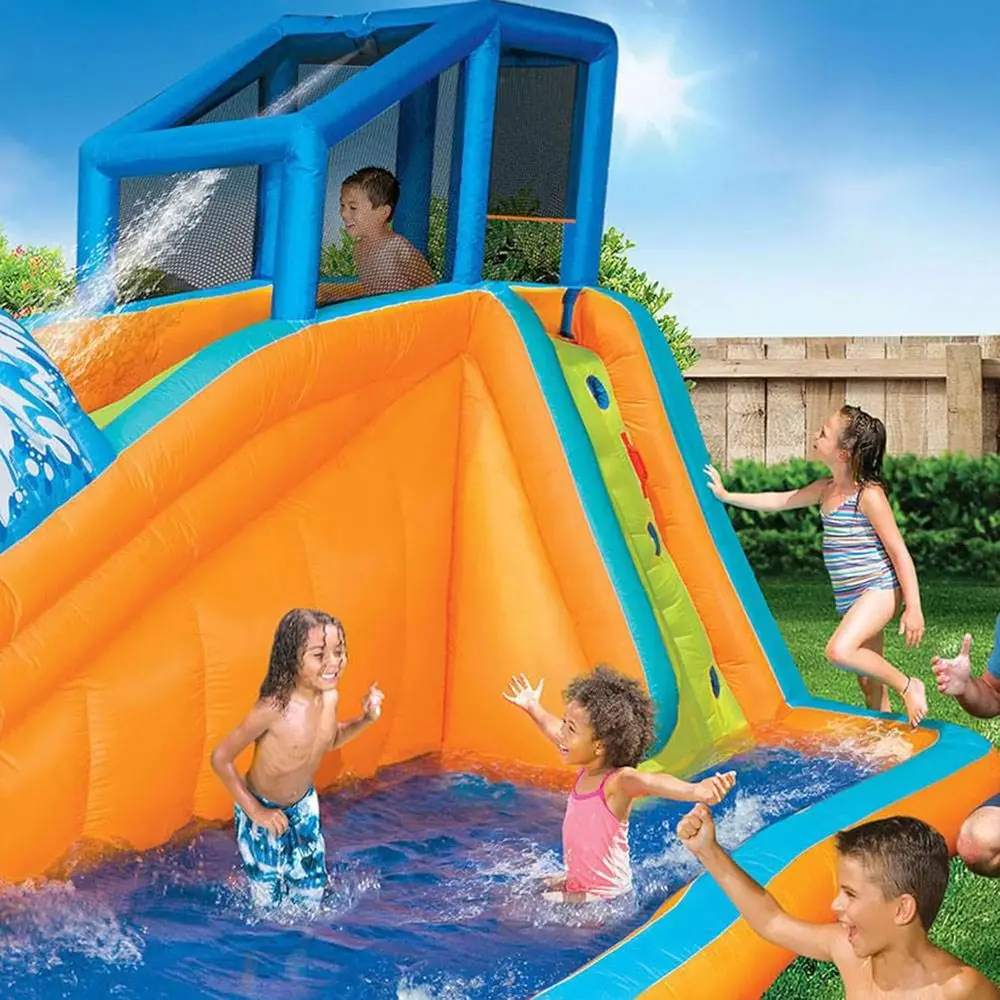 Surf Rider Large Iatable Outdoor Aqua Lagoon Water Slide Splash Park con parete da arrampicata, scivolo a tunnel e piscina antispruzzo, per bambini