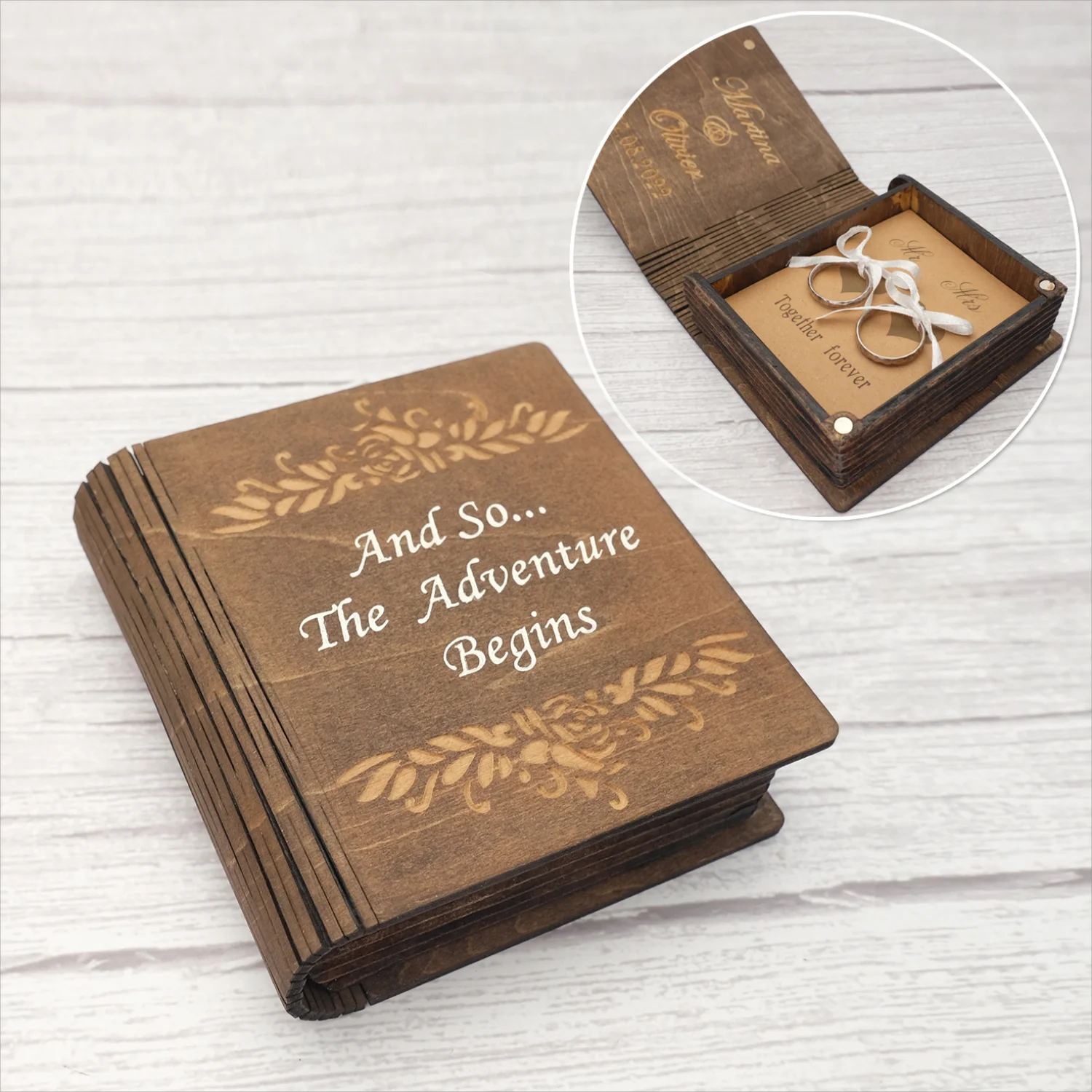 

Custom Wedding Ring Box for Ceremony Personalised Engagement Box Wooden Book Box Rings Holder Valentine Proposal Wedding Gift