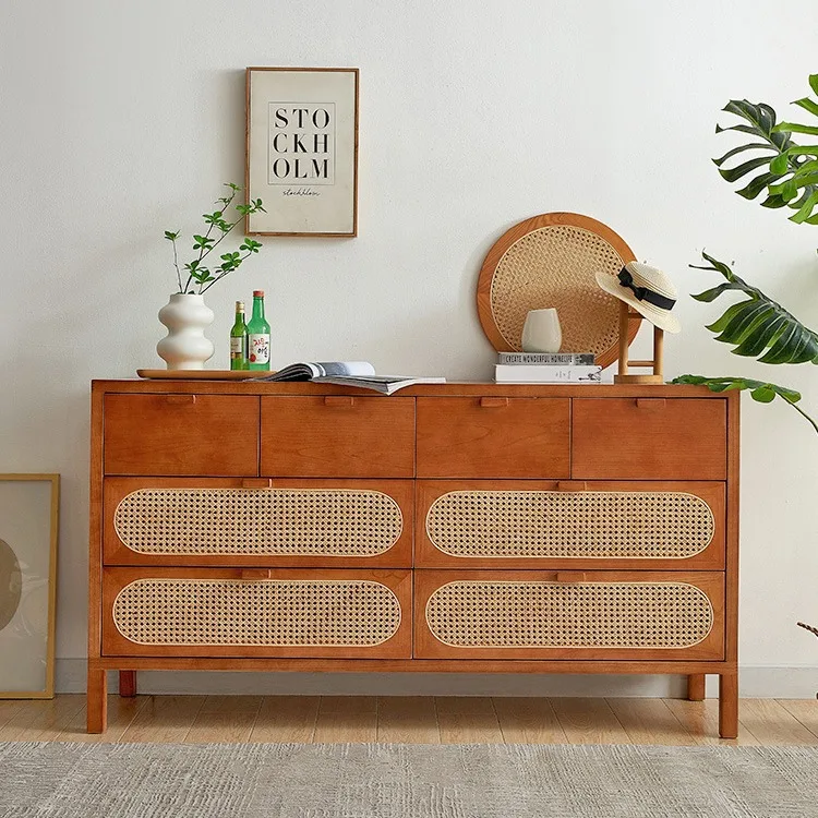 

Nordic solid wood chest of drawers home bedroom rattan vintage drawer storage cabinet