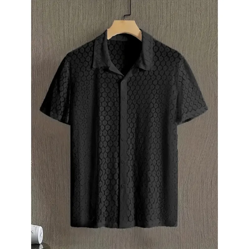 

Fashion Lace Short-sleeved Shirt Casual Button Cutout See-through Casual Men's Clothing European and American Cross-border Men's