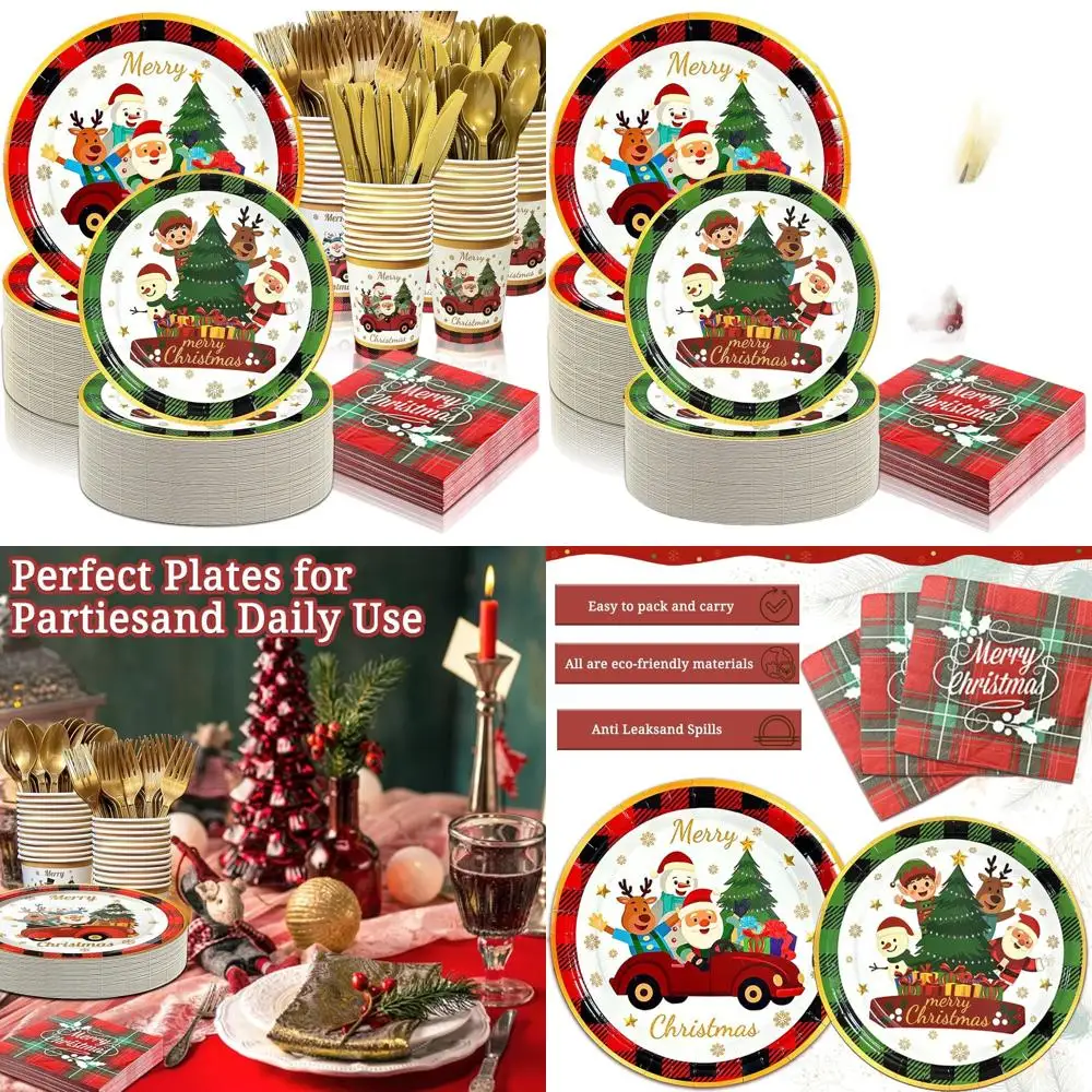 

100-Guest Christmas Disposable Tableware Set: 700 Paper Plates, Napkins, Cutlery in Gold