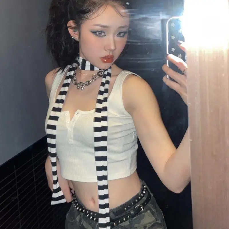 

Y2k Streetwear Decorative Scarf Black Grey Stripe Thin Neckerchief Harajuku Retro Striped Neck Scarf Women Long Scarves 180cm