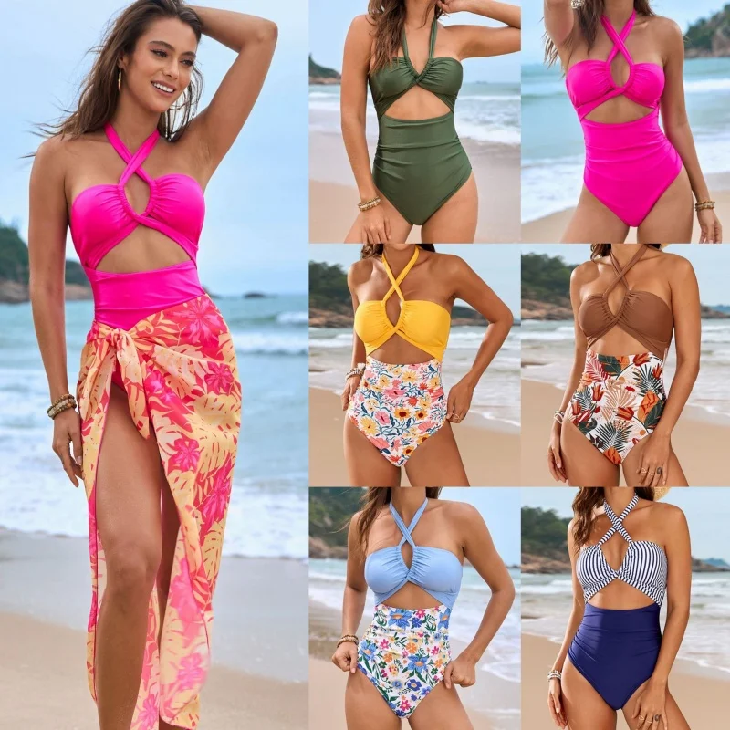 Halter Bikini Women One Piece Swimsuit Mesh Cover Up Spliced Print Hollow Out High Cut Brazilian Beachwear 2025 New Bathing Suit