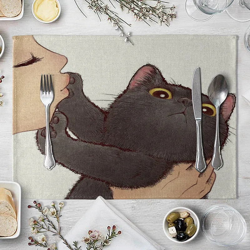 Cat Linen Table Mat Cute Cat Cartoon Animal Pattern Placemats For Children Kids Kitchen Dining Place Mats Pads