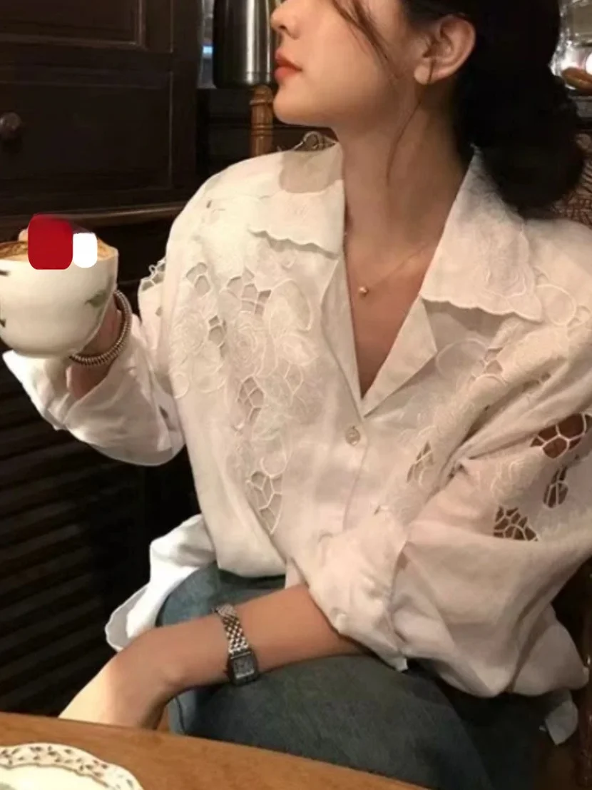 

Limited Time 2025 Heavy Embroidery Hollow Rose Flower Long Sleeve Cotton Linen Lightweight Shirt Casual Style Loose Fit Women...