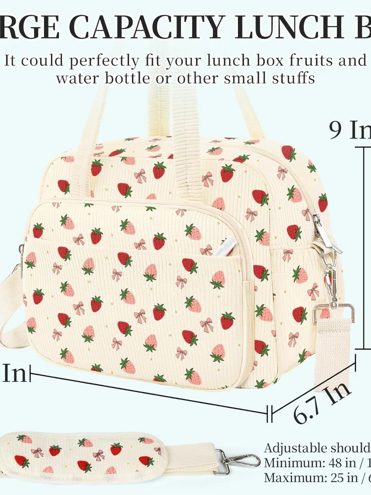 Insulated strawberry Corduroy Lunch Tote Cute Lunch bag with Shoulder Strap, Multiple Pockets, Adult Teacher Nurse