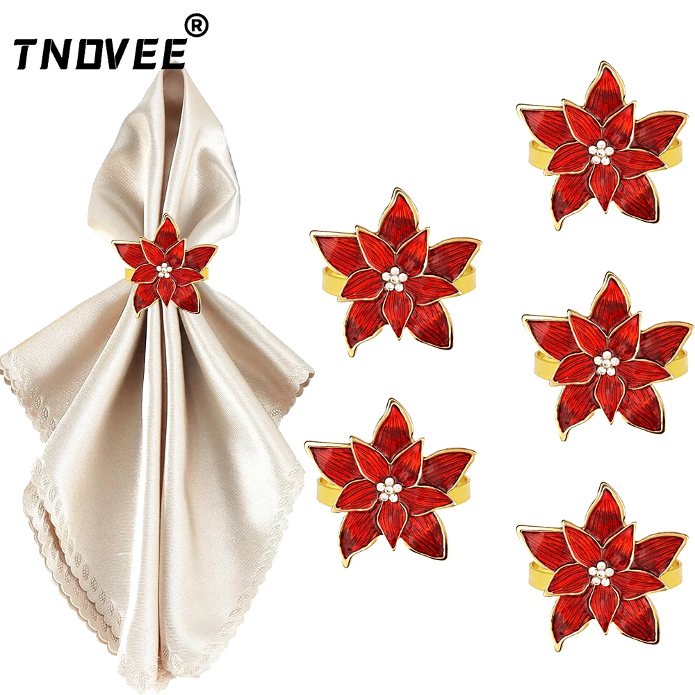 6Pcs Valentine's Day Napkin Rings Red Poinsettia Flower Napkin Holders for Christmas Birthday Wedding Thanksgiving Table Decor