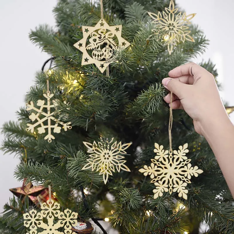 10pcs Wooden Snowflake Chips DIY Christmas Tree Decoration Hanging Pendants Xmas Navidad Natal Home Ornament 2024 New Year Gifts