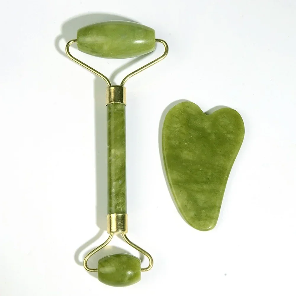 Serpentine Jade Roller Massager Gua Sha Board Set Jade Face Beauty Device Green Jade Roller Facial Massage Stick