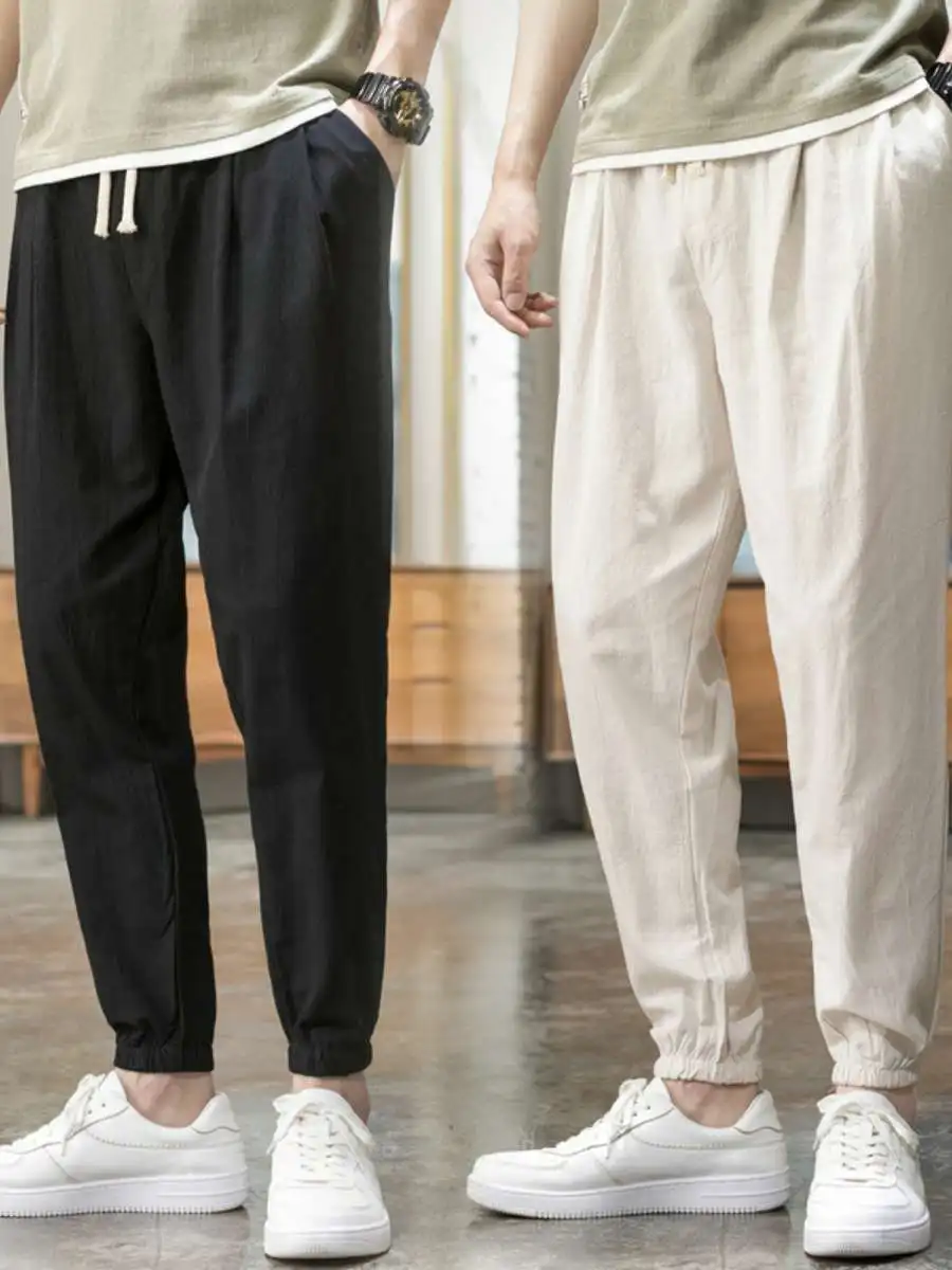 

Loose Cotton Linen Men's Sports Pants High Waist Straight Leg Long Pants Bunching Footwear Autumn Season Color