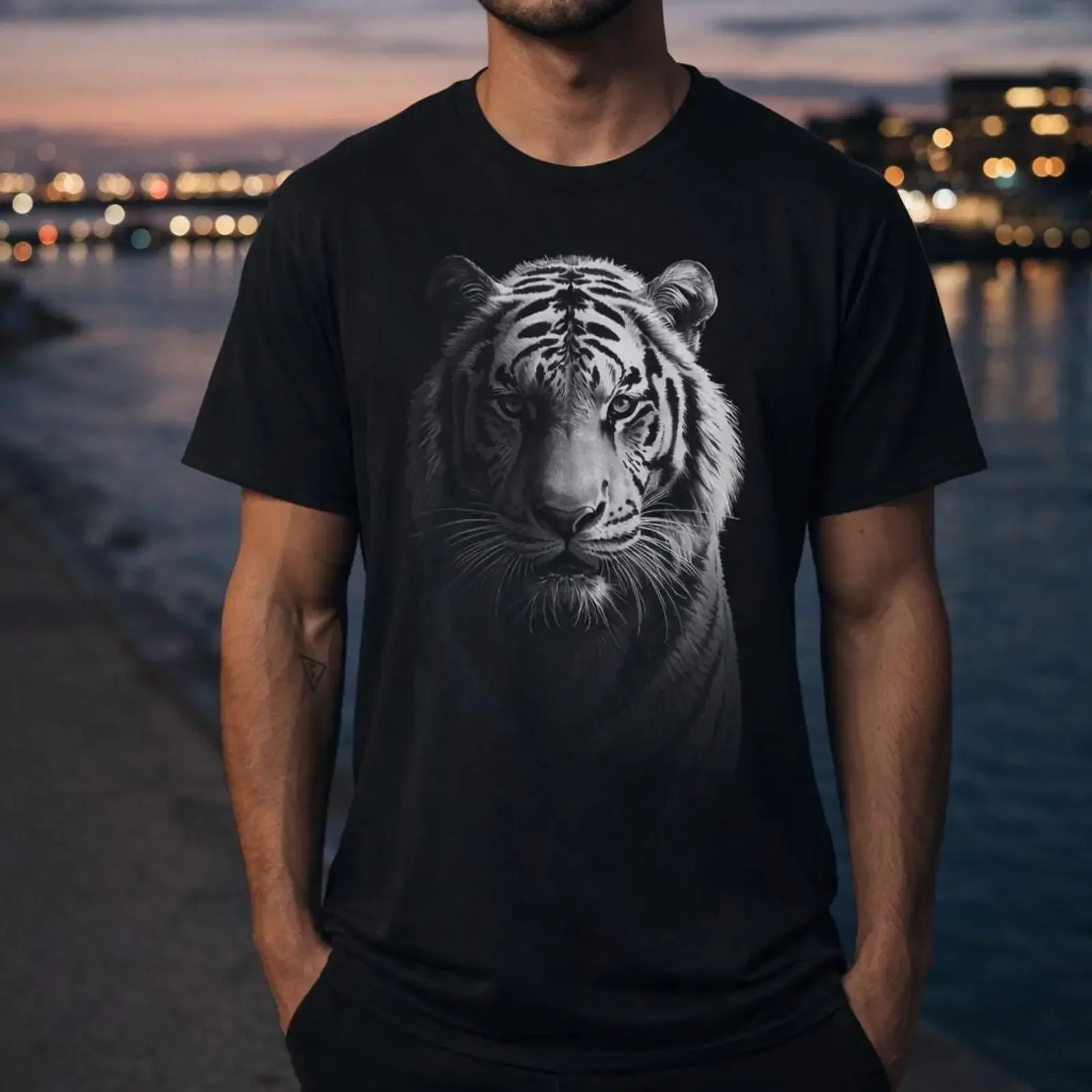 Realistic Tiger Portrait T Shirt Black Bengal  vintage Washed Unisex Soft Slightly Versatile streetwear fashion graphic