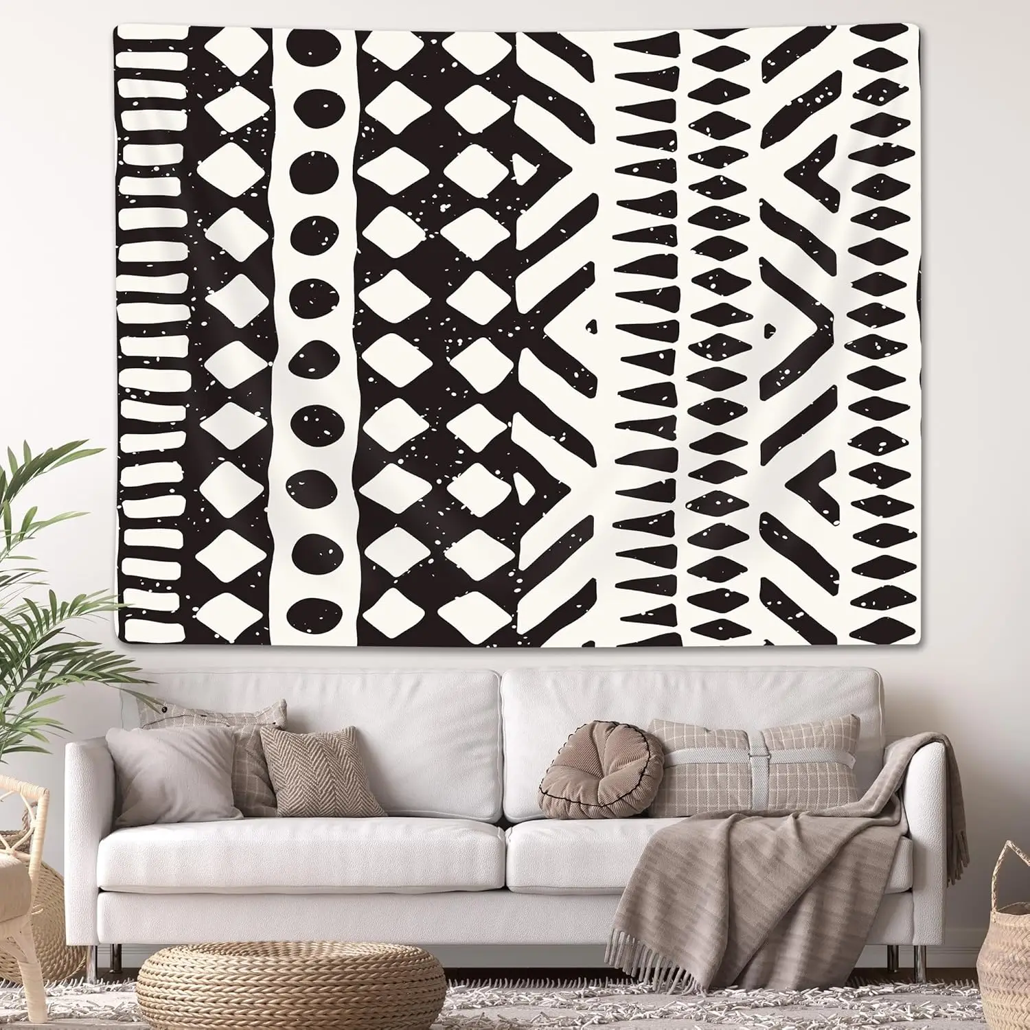 African Mud Cloth Tapestry Wall Hanging Art, Black and White Tribal Afrocentric Ethnic Bohemian Motif with Geometric Elements