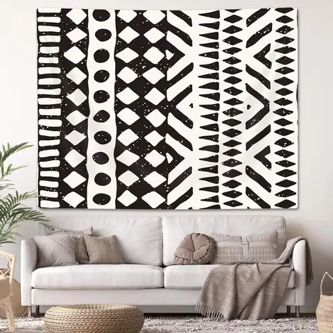 African Mud Cloth Tapestry Wall Hanging Art, Black and White Tribal Afrocentric Ethnic Bohemian Motif with Geometric Elements