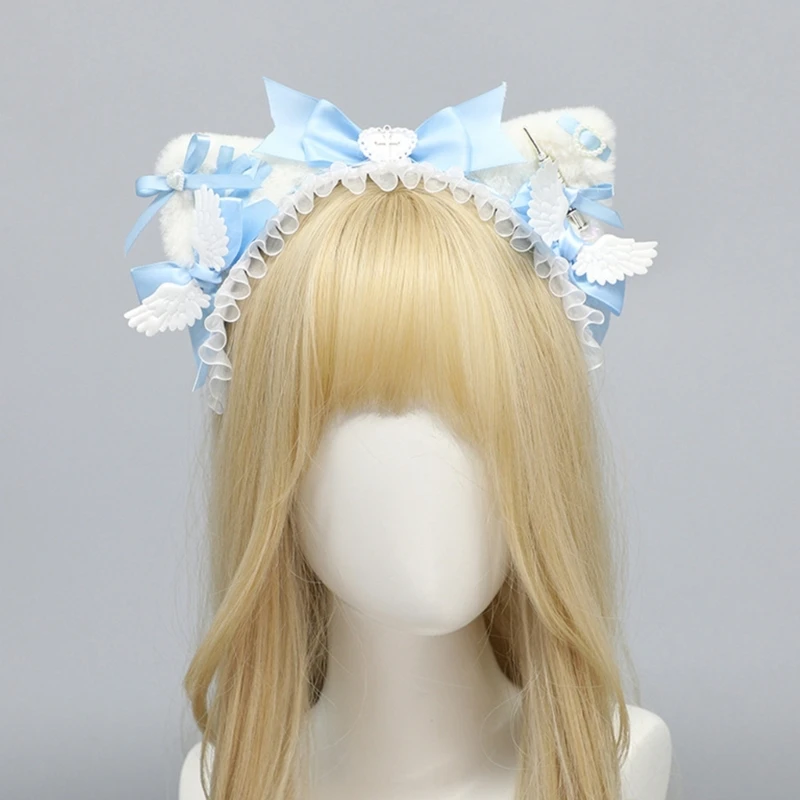 Lolita Girls Gothic Cat Ear Headband Bowknot Headpiece Women Harajuku Furry Plush Anime Cosplay Hairband for Party Hair Ornament