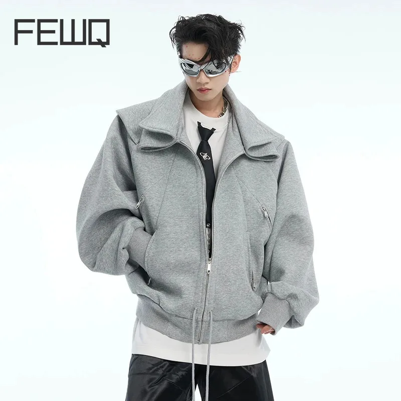 FEWQ Cape Collar Decoration Men's Sweatshirts Lapel Lae-up Design Solid Color Deconstruction Zipper Patchwork Coats 24K2677