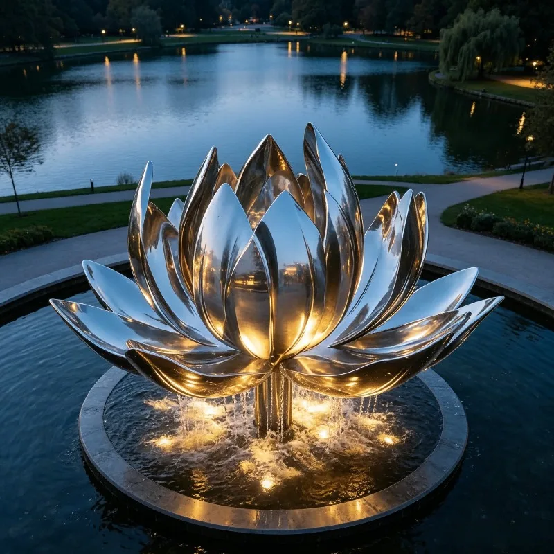 Illuminated Stainless Steel Lotus Fountain Sculpture Custom Lighted Water Feature Decor Urban Public Park Waterside Landscape