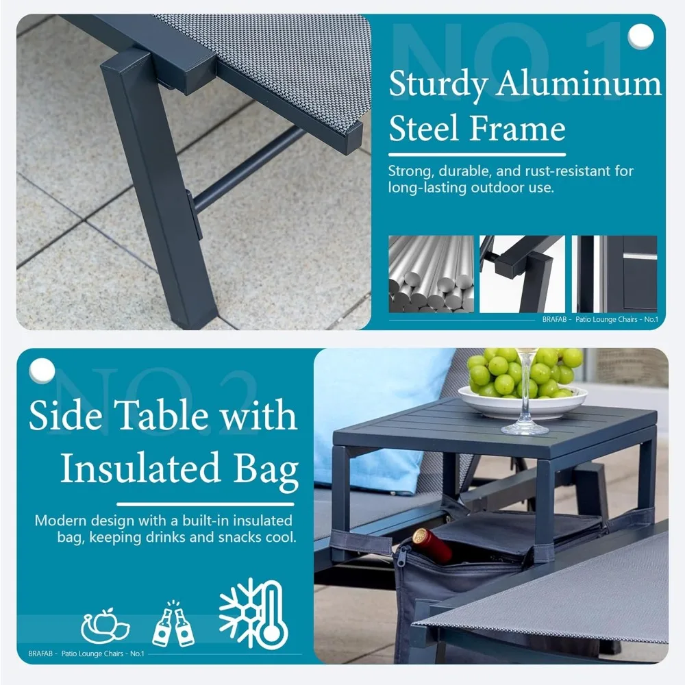 Aluminum 3-Piece Outdoor Lounge Chair Set with Poolside Chaise Chairs, Side Table, and Insulated Cooler Bag