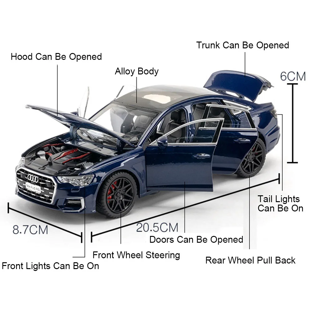 1/24 Scale A6 Diecast  Alloy Toy Car Models Shock Absorption Simulation Interior with Pull Back Sound Light Vehicle Decorations