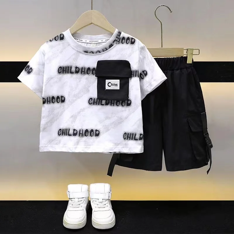 Boys Summer Set Handsome and Fashionable Children\'s Wear New Printed Round Neck Short Sleeve Two Piece Set for Boys and Babies