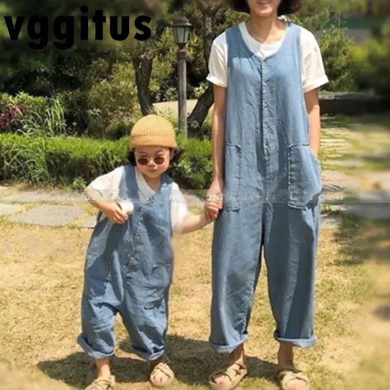 

Family Matching Outfits Summer Thin Blue Denim Jumpsuit Fashion Loose Unisex Overall for Mother and Daughter Son Clothing H396
